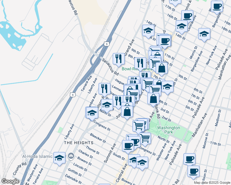 map of restaurants, bars, coffee shops, grocery stores, and more near 136 Grace Street in Jersey City