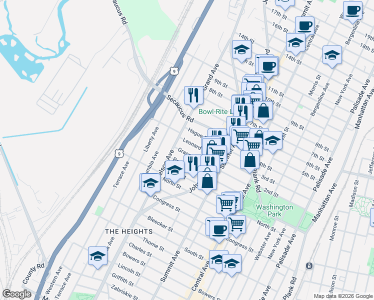 map of restaurants, bars, coffee shops, grocery stores, and more near 136 Grace Street in Jersey City