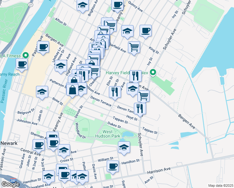 map of restaurants, bars, coffee shops, grocery stores, and more near 100 Davis Avenue in Kearny