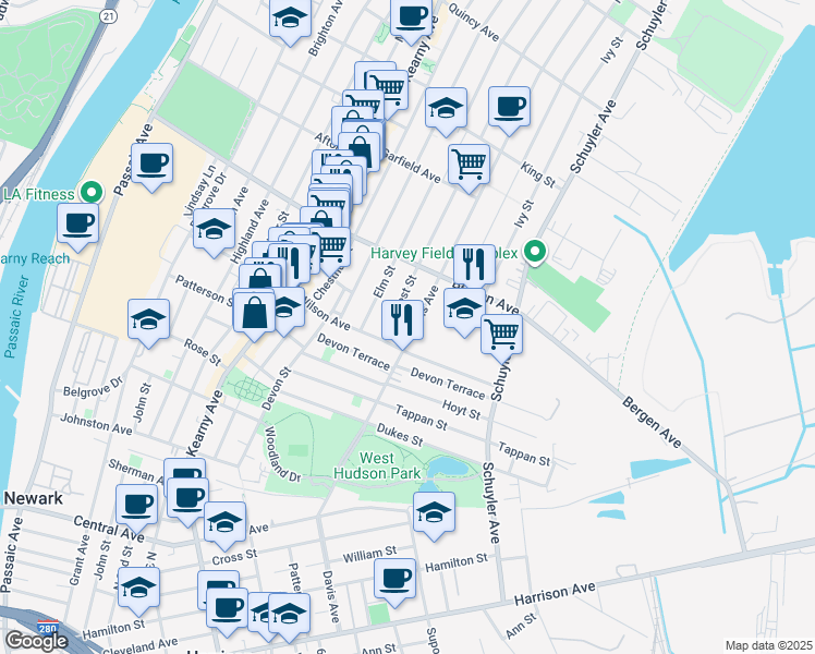 map of restaurants, bars, coffee shops, grocery stores, and more near 68 Forest Street in Kearny
