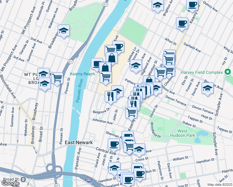 map of restaurants, bars, coffee shops, grocery stores, and more near 12 Rose Street in Kearny