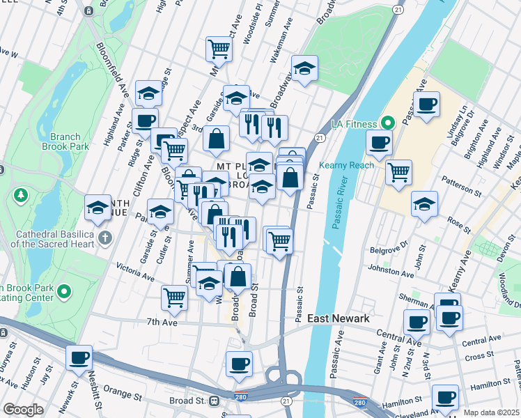map of restaurants, bars, coffee shops, grocery stores, and more near 169 Broad Street in Newark