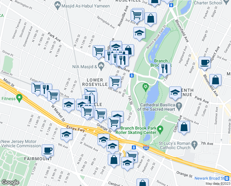 map of restaurants, bars, coffee shops, grocery stores, and more near 229 6th Avenue West in Newark