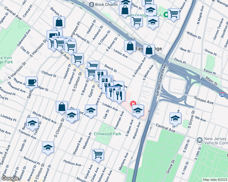 map of restaurants, bars, coffee shops, grocery stores, and more near 22 Nassau Place in East Orange