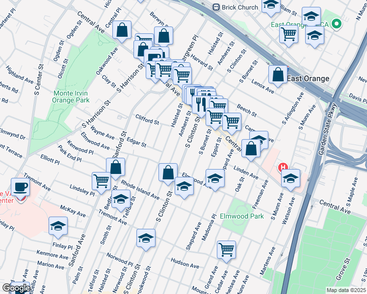 map of restaurants, bars, coffee shops, grocery stores, and more near in East Orange