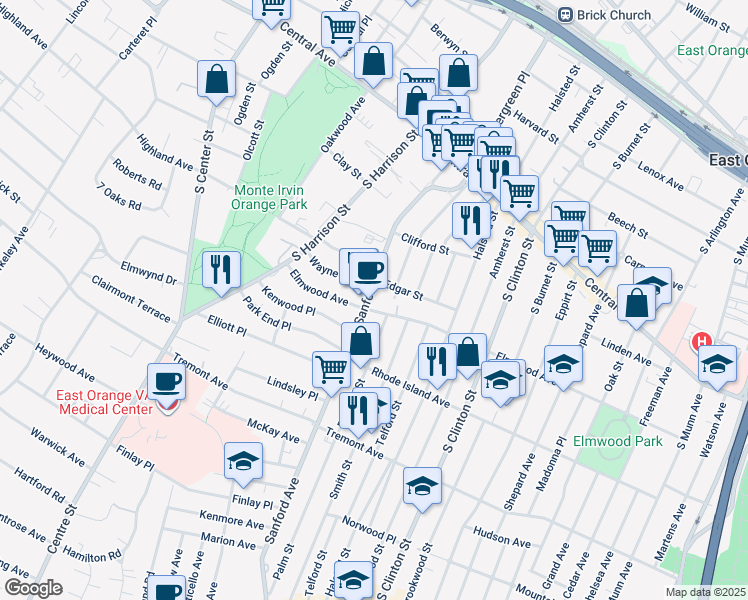 map of restaurants, bars, coffee shops, grocery stores, and more near 150 Sanford Street in East Orange