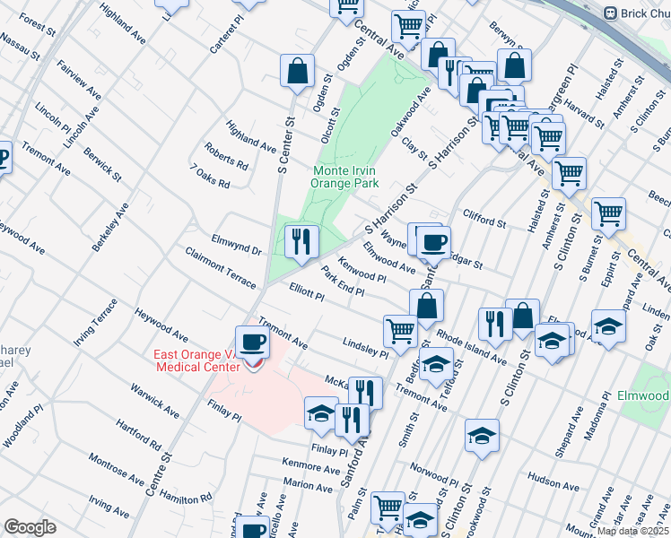 map of restaurants, bars, coffee shops, grocery stores, and more near 120 Park End Place in East Orange