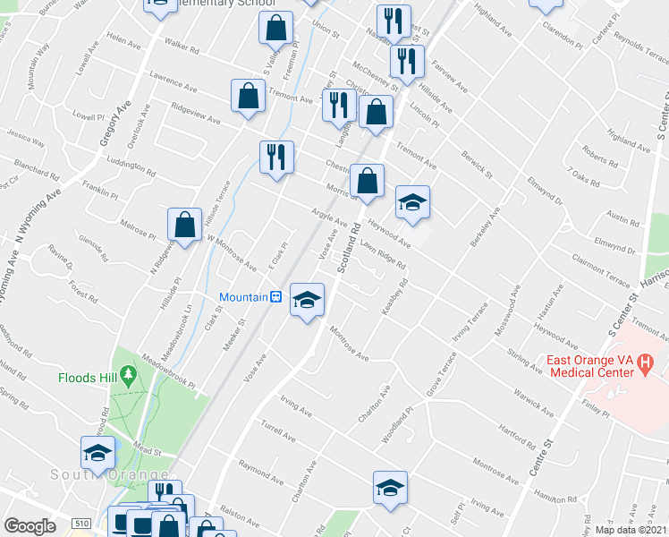 map of restaurants, bars, coffee shops, grocery stores, and more near 65 Randolph Place in West Orange