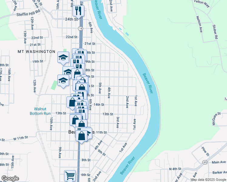 map of restaurants, bars, coffee shops, grocery stores, and more near 1517 3rd Avenue in Beaver Falls