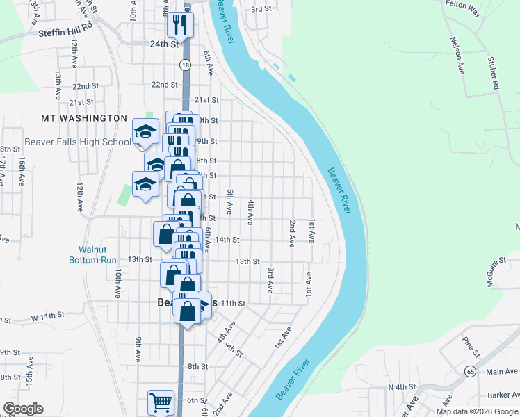 map of restaurants, bars, coffee shops, grocery stores, and more near 1517 3rd Avenue in Beaver Falls