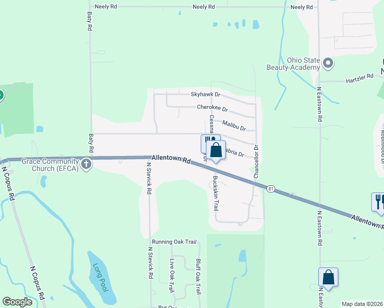 map of restaurants, bars, coffee shops, grocery stores, and more near 3866 Allentown Road in Lima