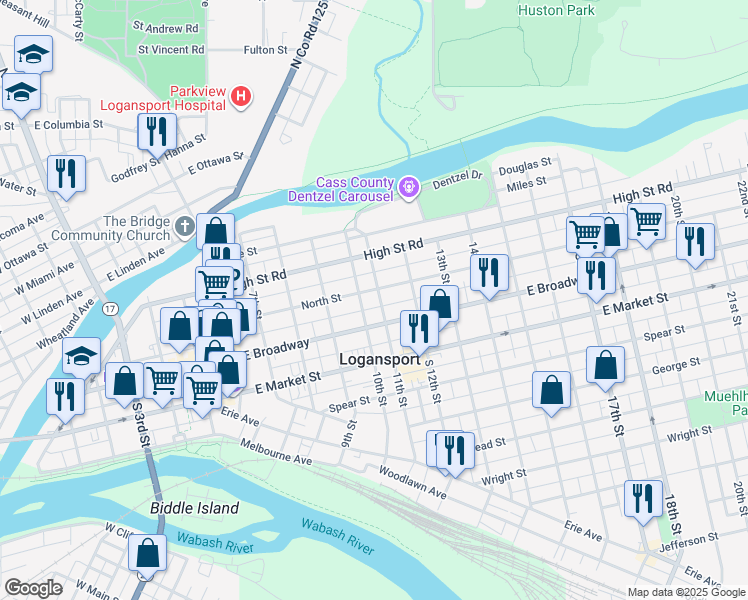 map of restaurants, bars, coffee shops, grocery stores, and more near 1101 North Street in Logansport