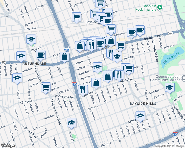 map of restaurants, bars, coffee shops, grocery stores, and more near 46-16 Oceania Street in Queens
