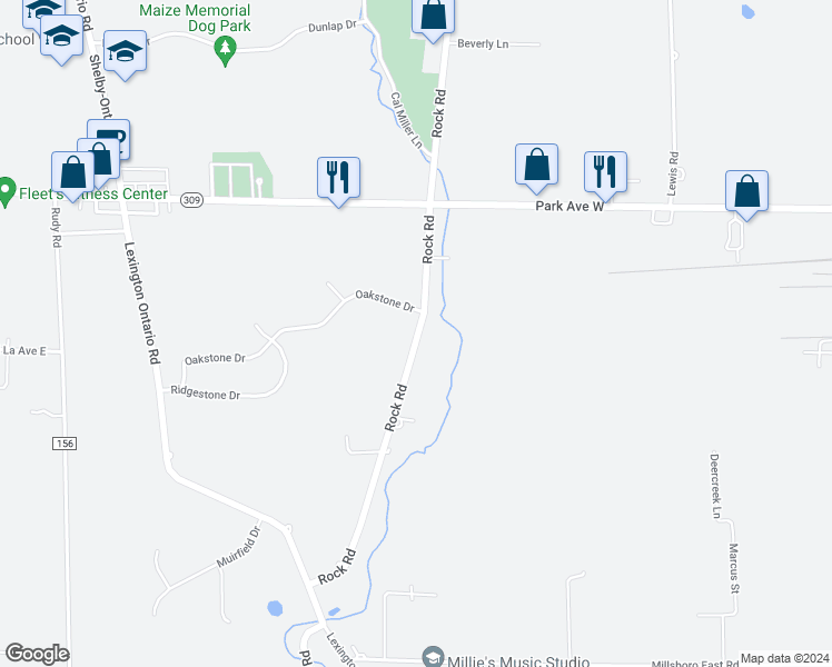 map of restaurants, bars, coffee shops, grocery stores, and more near 100 Rock Road South in Ontario
