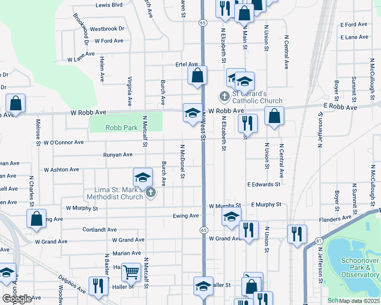 map of restaurants, bars, coffee shops, grocery stores, and more near 3 Runyan Court in Lima