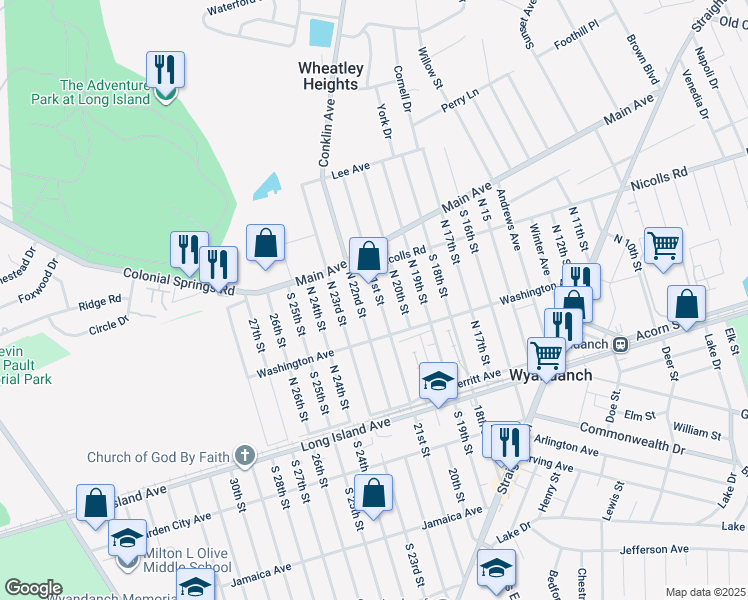 map of restaurants, bars, coffee shops, grocery stores, and more near 136 North 21st Street in Wyandanch
