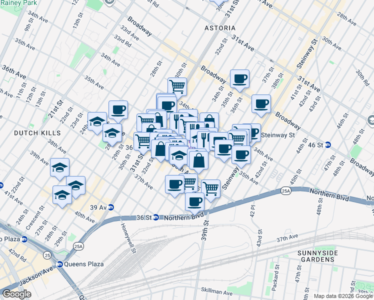 map of restaurants, bars, coffee shops, grocery stores, and more near 3525 34th Street in Queens