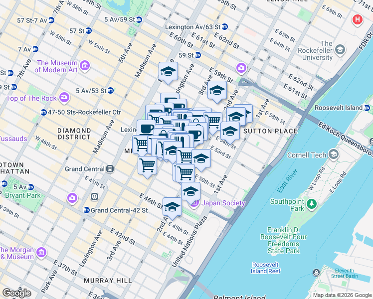 map of restaurants, bars, coffee shops, grocery stores, and more near 206 East 52nd Street in New York