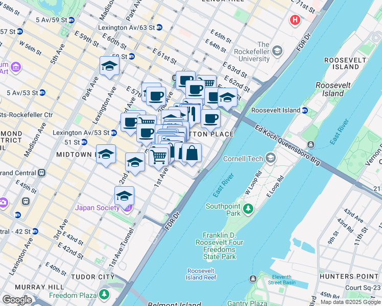 map of restaurants, bars, coffee shops, grocery stores, and more near 414 East 55th Street in New York