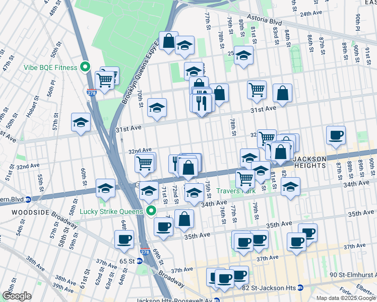 map of restaurants, bars, coffee shops, grocery stores, and more near 32-11 74th Street in Queens