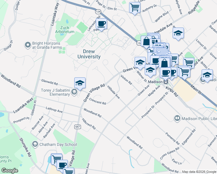 map of restaurants, bars, coffee shops, grocery stores, and more near 86 Green Village Road in Madison