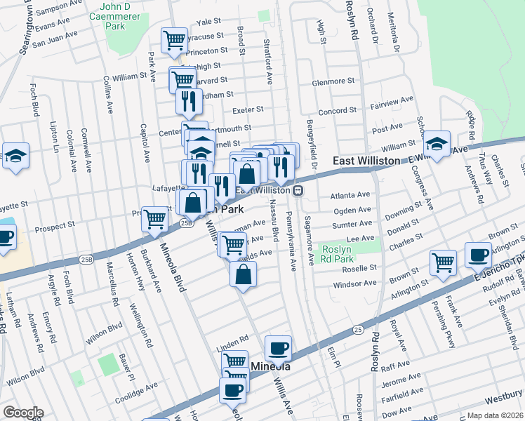 map of restaurants, bars, coffee shops, grocery stores, and more near 473 Nassau Boulevard in Williston Park