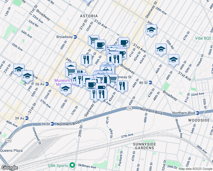 map of restaurants, bars, coffee shops, grocery stores, and more near 3410 Steinway Street in Queens
