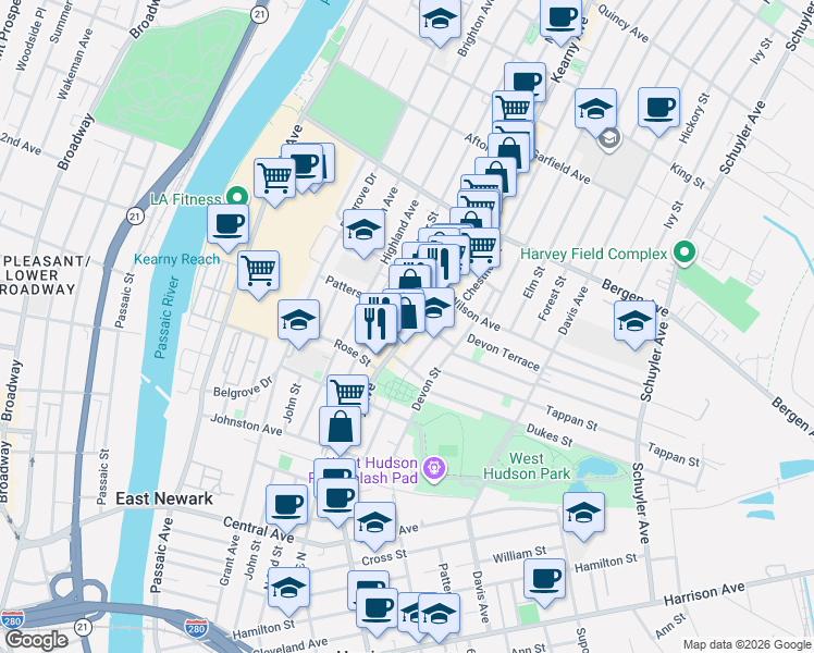map of restaurants, bars, coffee shops, grocery stores, and more near 138 Kearny Avenue in Kearny