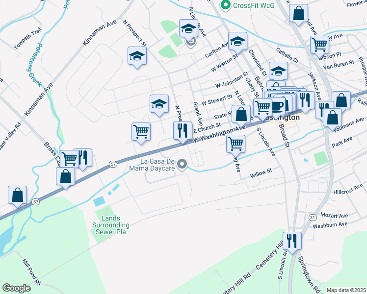 map of restaurants, bars, coffee shops, grocery stores, and more near 217 West Washington Avenue in Washington