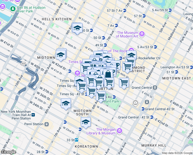 map of restaurants, bars, coffee shops, grocery stores, and more near 141 West 43rd Street in New York