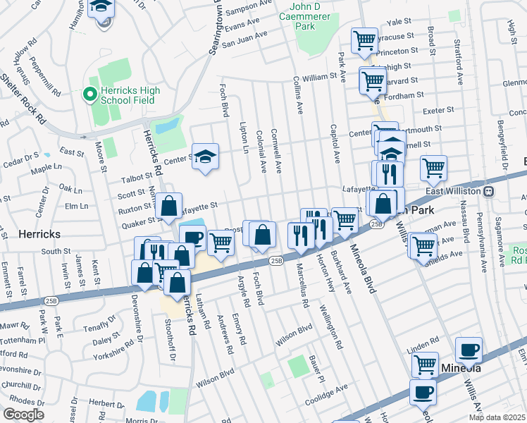 map of restaurants, bars, coffee shops, grocery stores, and more near 642 Concord Avenue in Williston Park
