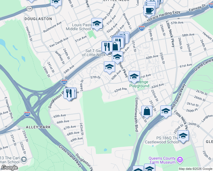 map of restaurants, bars, coffee shops, grocery stores, and more near 245-20 61st Avenue in Queens