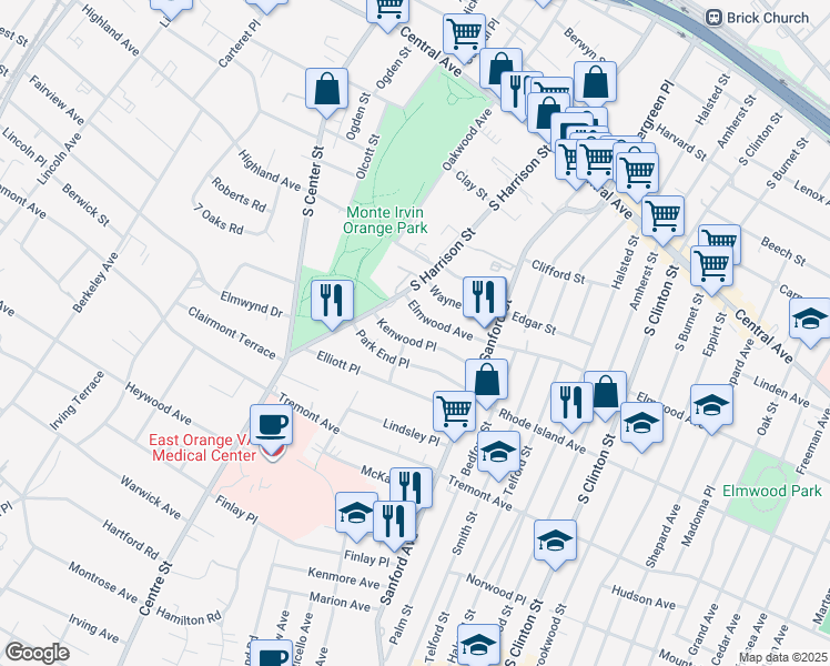 map of restaurants, bars, coffee shops, grocery stores, and more near 62 Kenwood Place in East Orange