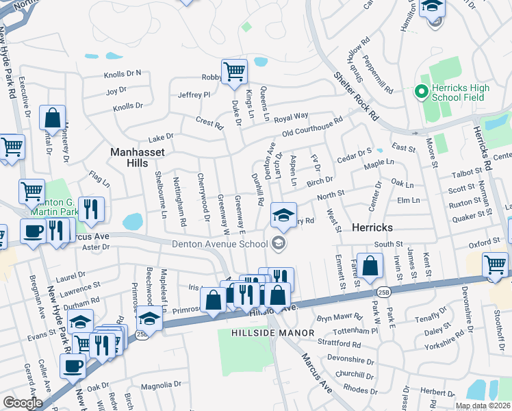 map of restaurants, bars, coffee shops, grocery stores, and more near 23 Dunhill Road in New Hyde Park
