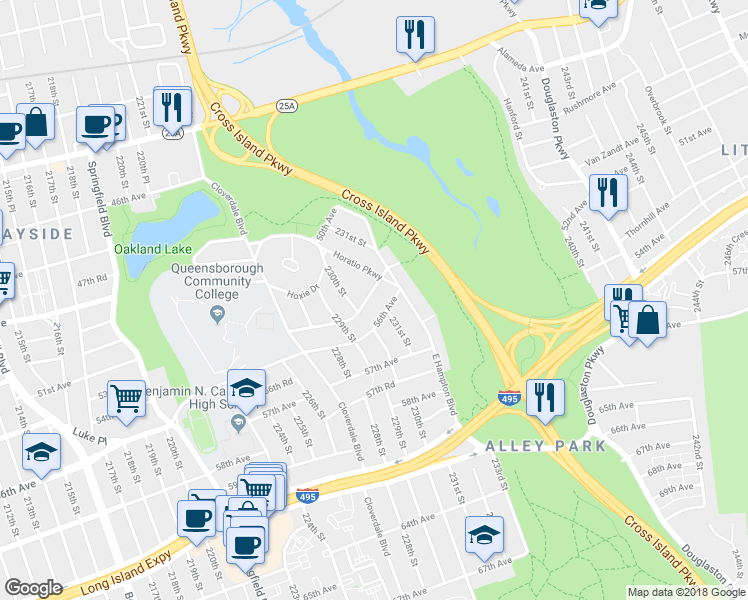 map of restaurants, bars, coffee shops, grocery stores, and more near 230-20 53rd Avenue in Queens