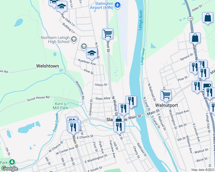 map of restaurants, bars, coffee shops, grocery stores, and more near 207 Union Street in Slatington