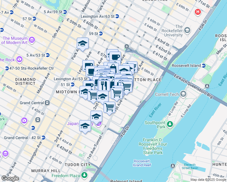 map of restaurants, bars, coffee shops, grocery stores, and more near 323 East 53rd Street in New York