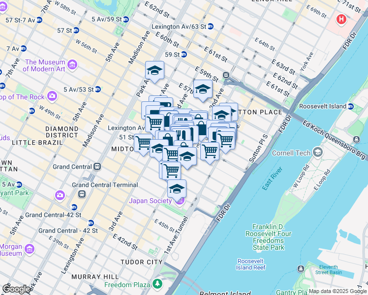 map of restaurants, bars, coffee shops, grocery stores, and more near 251 East 52nd Street in New York
