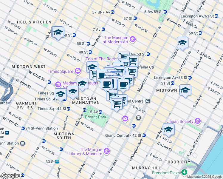 map of restaurants, bars, coffee shops, grocery stores, and more near 30 West 46th Street in New York