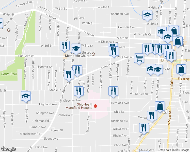 map of restaurants, bars, coffee shops, grocery stores, and more near 85 Lind Avenue in Mansfield