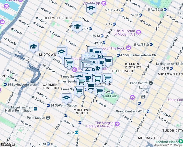 map of restaurants, bars, coffee shops, grocery stores, and more near 160 West 43rd Street in New York