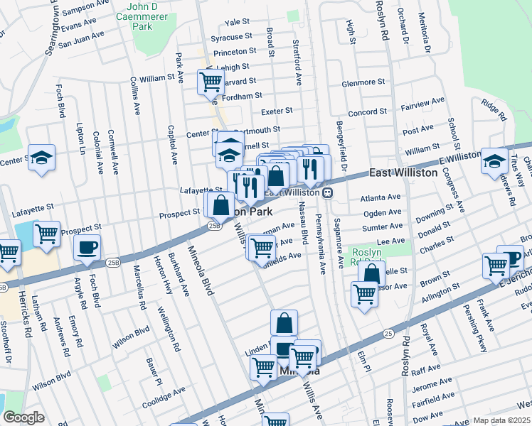 map of restaurants, bars, coffee shops, grocery stores, and more near 86 Sheridan Avenue in Williston Park