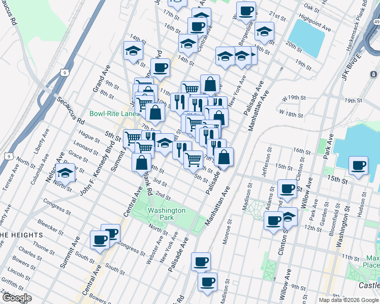map of restaurants, bars, coffee shops, grocery stores, and more near 613 Bergenline Avenue in Union City