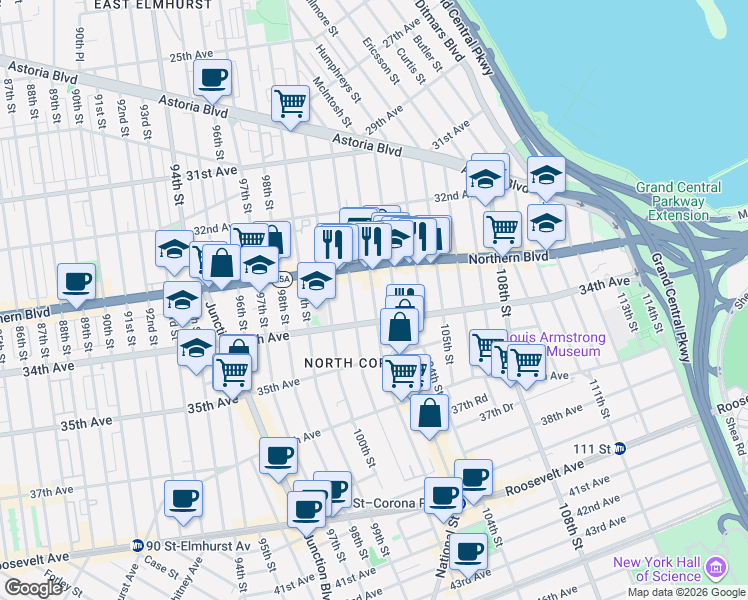 map of restaurants, bars, coffee shops, grocery stores, and more near 33-35 102nd Street in Queens