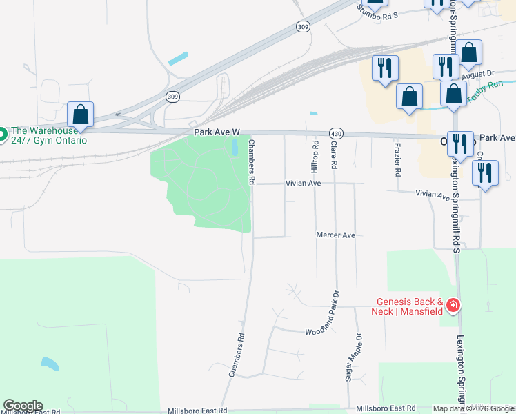 map of restaurants, bars, coffee shops, grocery stores, and more near 101 Chambers Road in Ontario