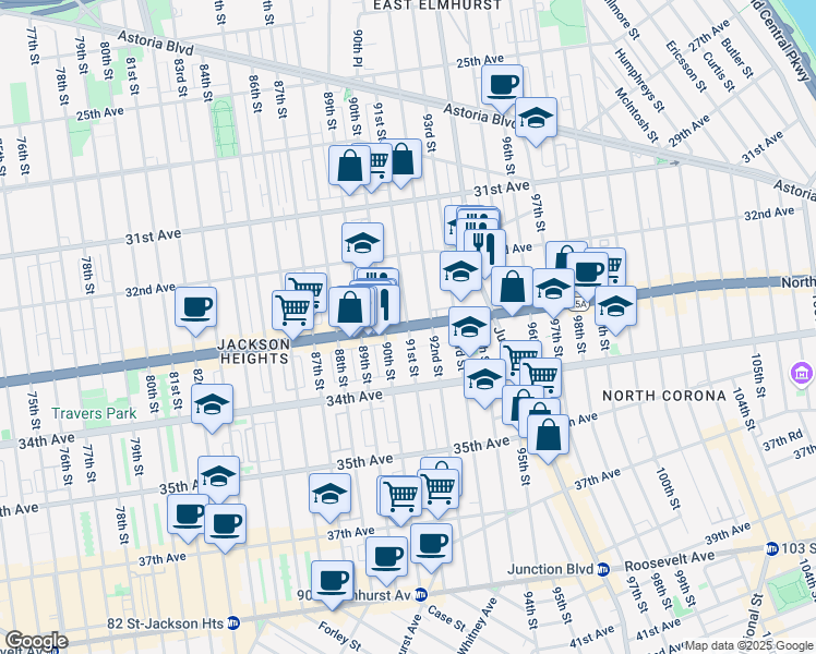 map of restaurants, bars, coffee shops, grocery stores, and more near 3347 91st Street in Queens