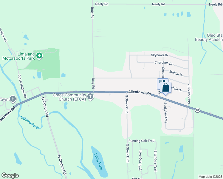 map of restaurants, bars, coffee shops, grocery stores, and more near 4164 Allentown Road in Lima