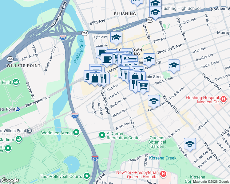 map of restaurants, bars, coffee shops, grocery stores, and more near 13261 41st Road in Queens