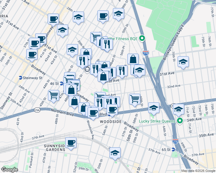 map of restaurants, bars, coffee shops, grocery stores, and more near 31-07 51st Street in Queens