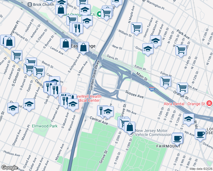 map of restaurants, bars, coffee shops, grocery stores, and more near 20 Hawthorne Avenue in East Orange